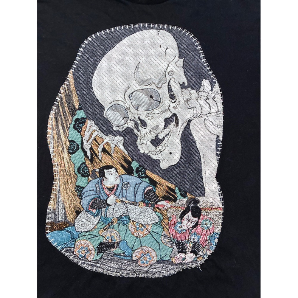 Rebel Japanese Ukiyo-e Skeleton Samurai Tapestry Patch Black T-Shirt Mens Medium